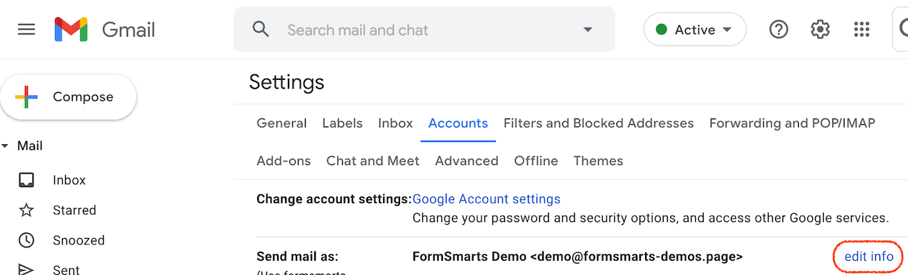 Accounts tab in Gmail Settings