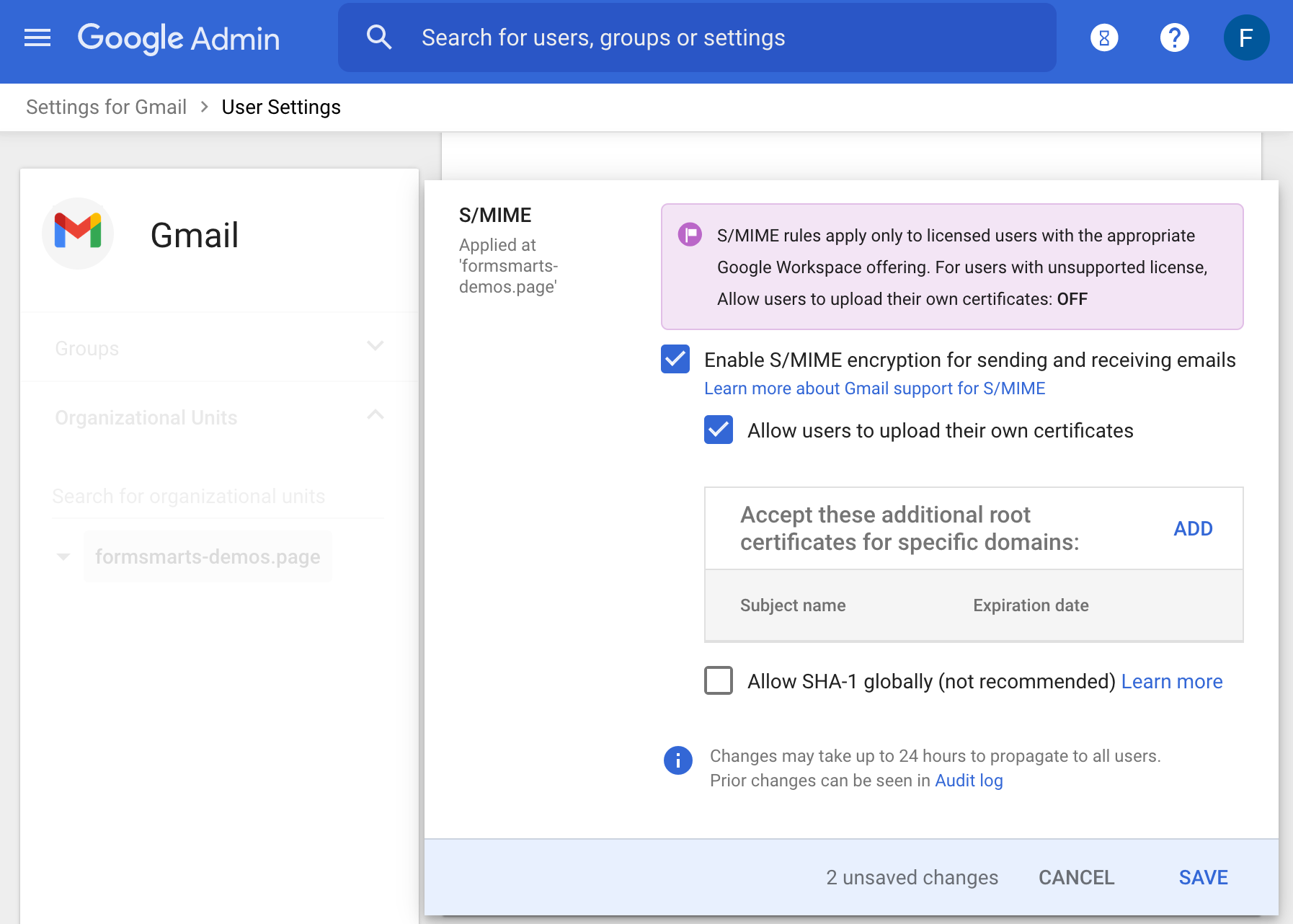 Enable S/MIME encryption and allow users to upload certificates