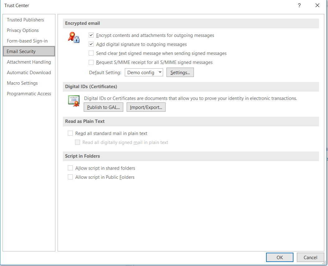 Encrypted Email settings in Outlook's Email Security settings
