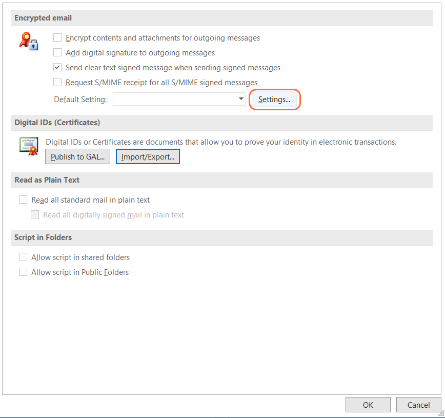 Encrypted Email settings in Outlook