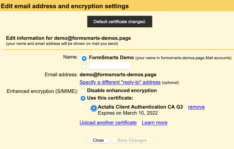 Gmail encryption settings