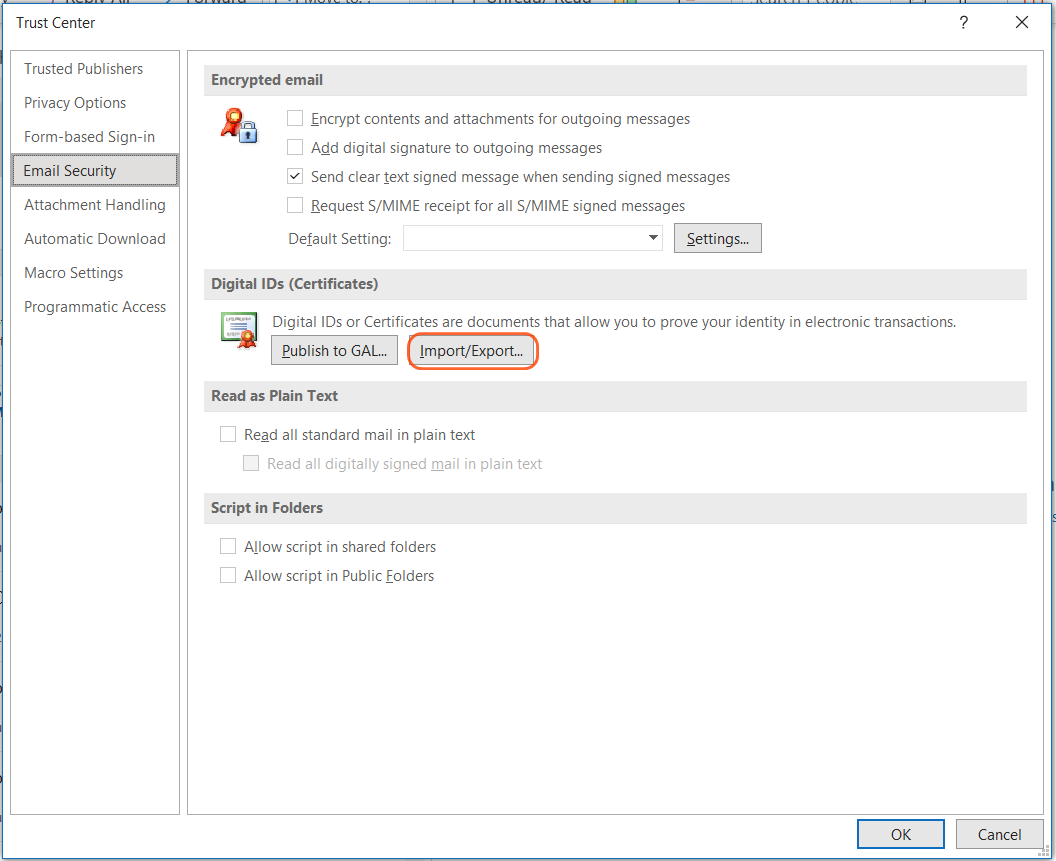 Import S/MIME certificate in Outlook Email Security settings