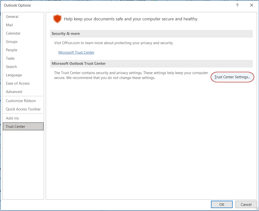 Outlook Trust Center Settings