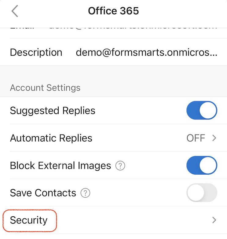 Security settings in Microsoft Outlook app