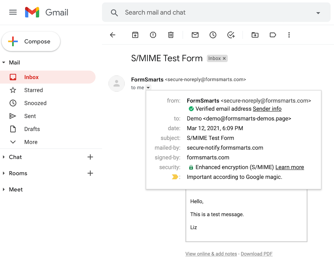 S/MIME encrypted email message